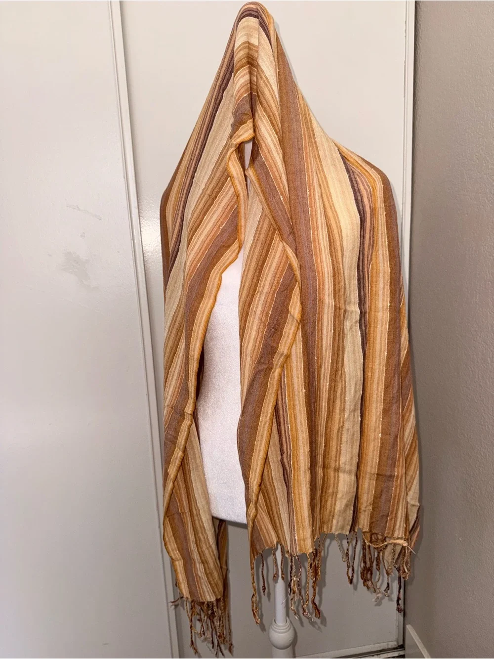 Striped Wrap Skirt in Brown and Tan, scarf, and top